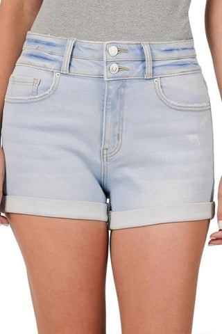 Zenana Womens Cuffed Double Button Denim Shorts