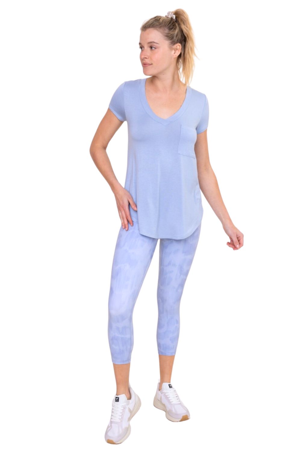 Mono B Womens Longline Deep V-Neck Pocket Short Sleeve Shirt