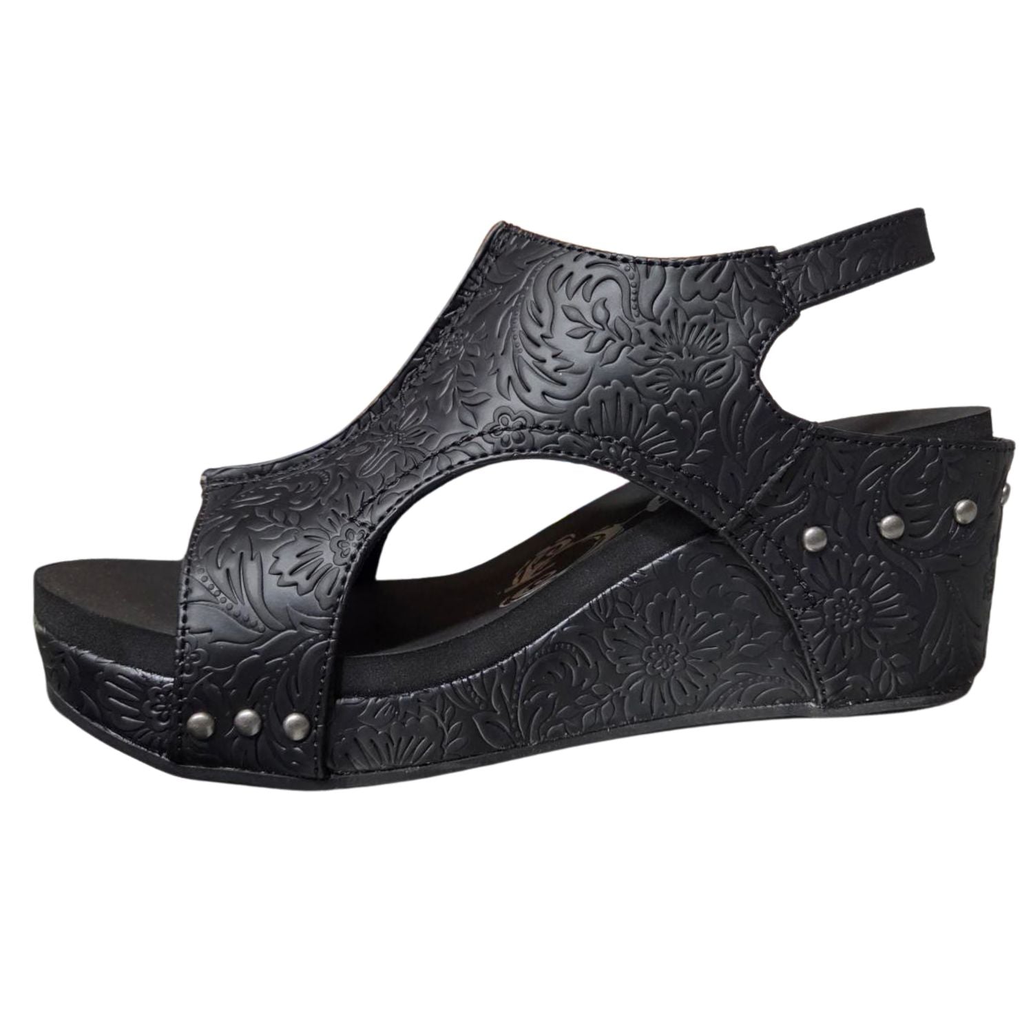 Very G Womens Isabella Tooled 3 Wedge Heel Platform Sandal, Black