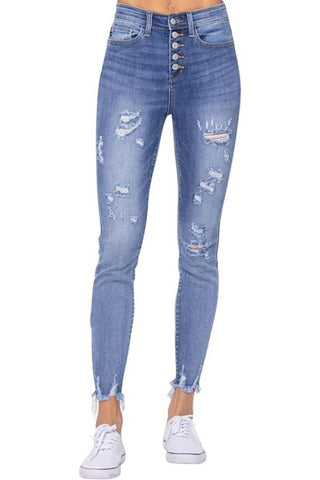 Judy Blue Womens Stitched Destroy Double Cuffed Mid Rise Boyfriend Jeans