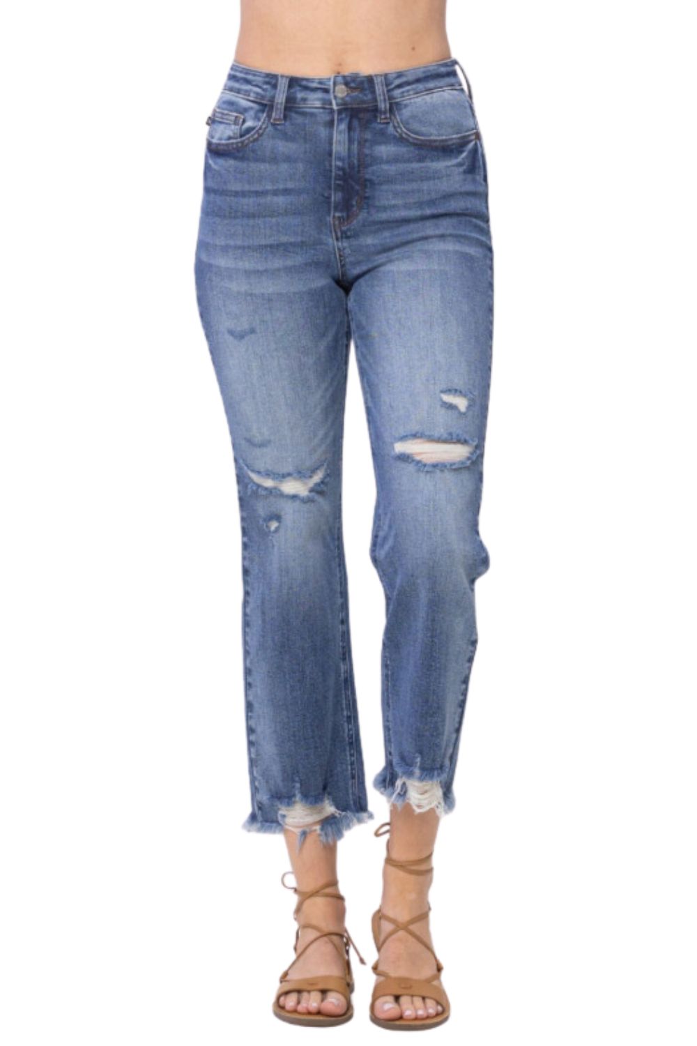 Judy Blue Womens Destroyed Raw Hem Straight Crop Jeans