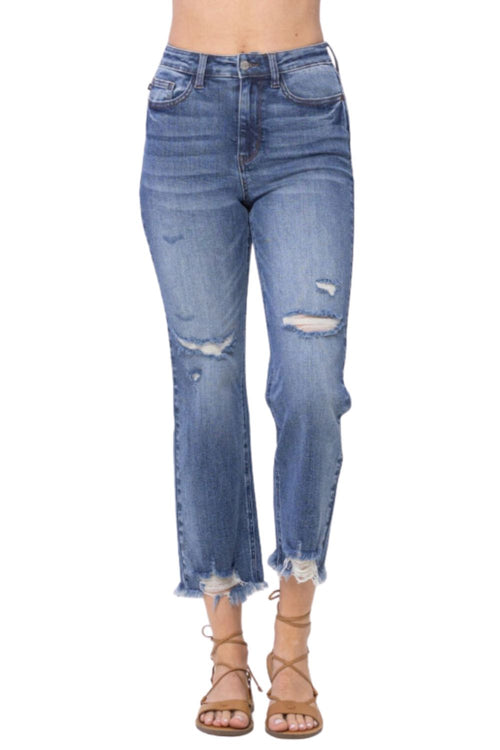 Judy Blue Womens Destroyed Raw Hem Straight Crop Jeans