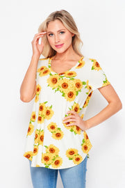 HoneyMe Womens Sunflower Print Short Sleeve Tunic Top