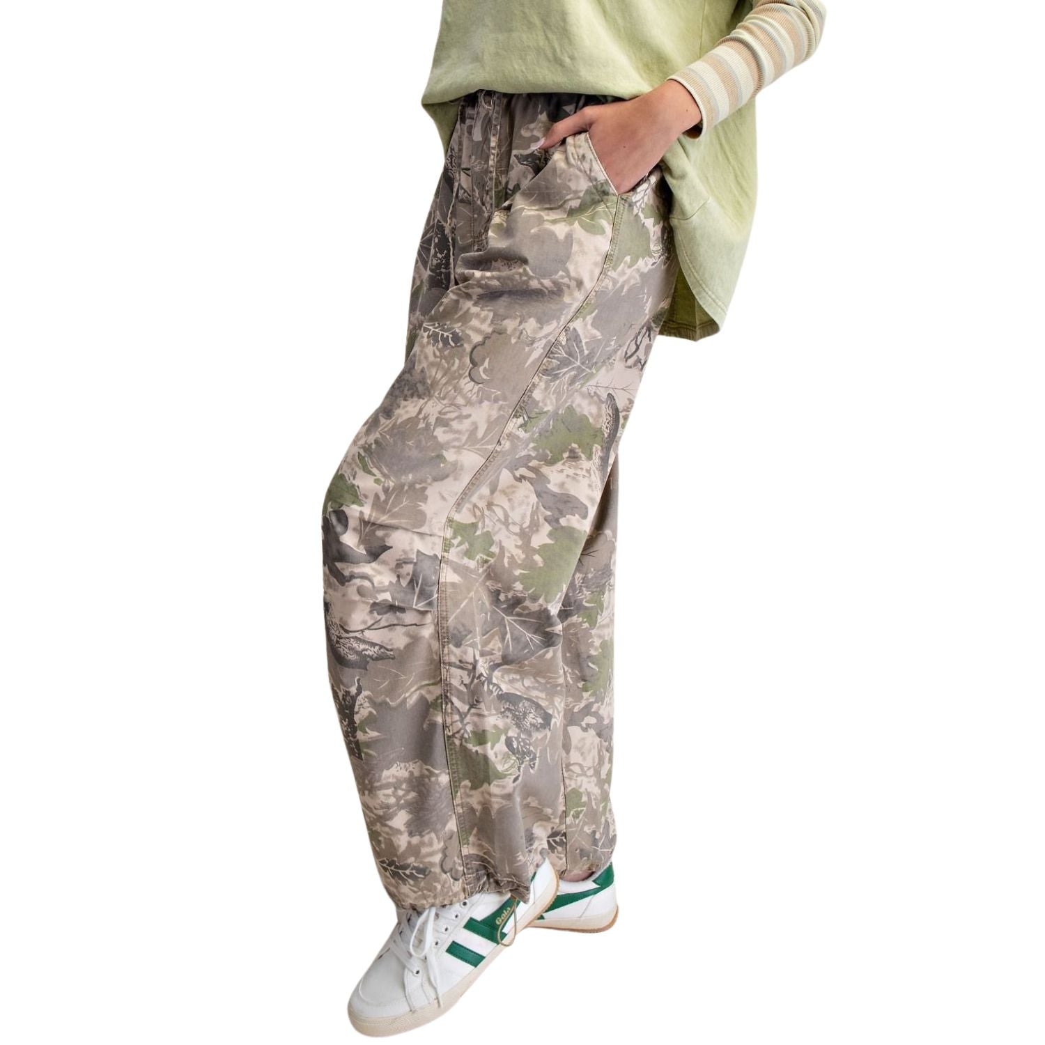 Easel Womens Camouflage Printed Washed Twill Relaxed Fit Pants- Olive