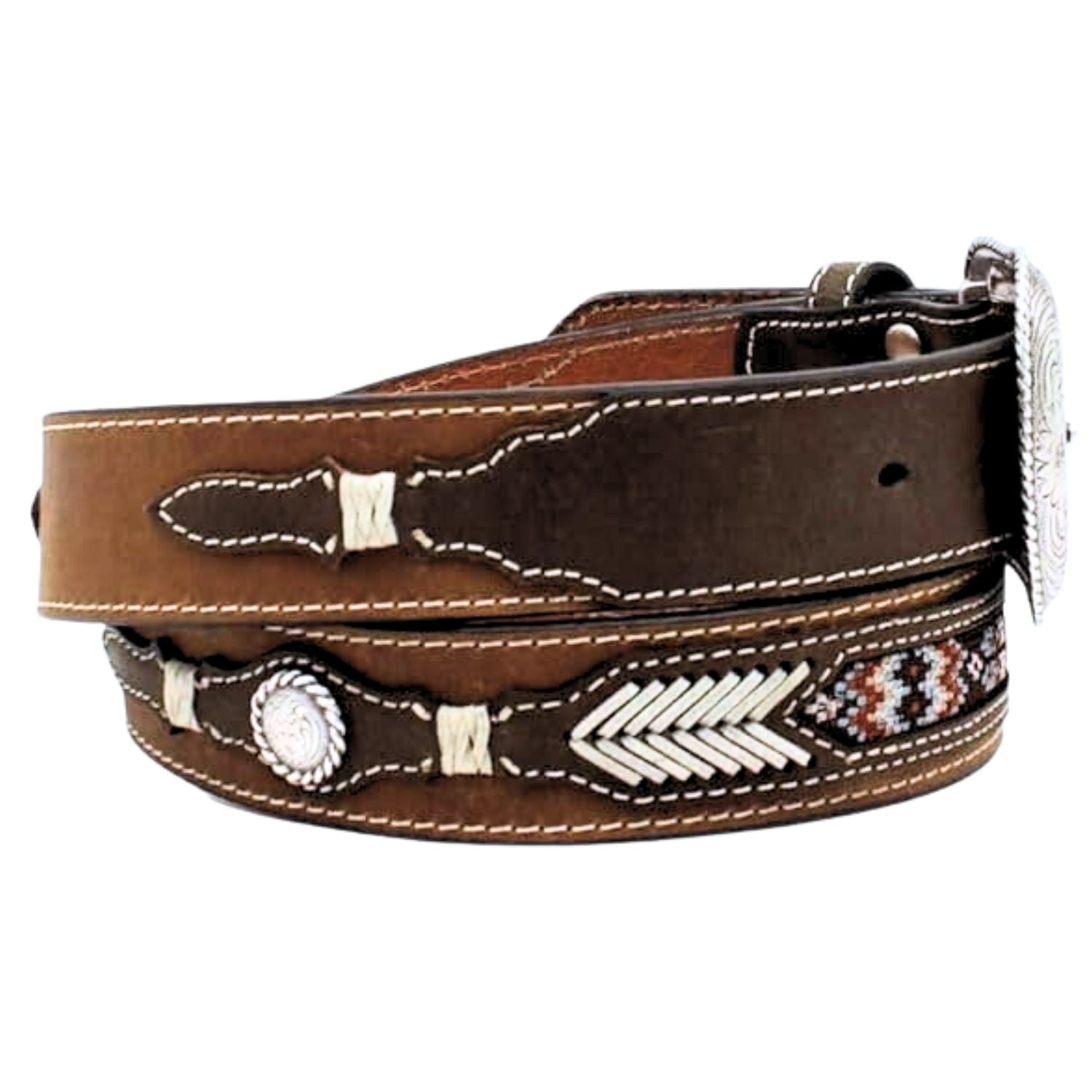 Nocona Mens Southwest Inlay Rawhide Laced Concho Leather Belt