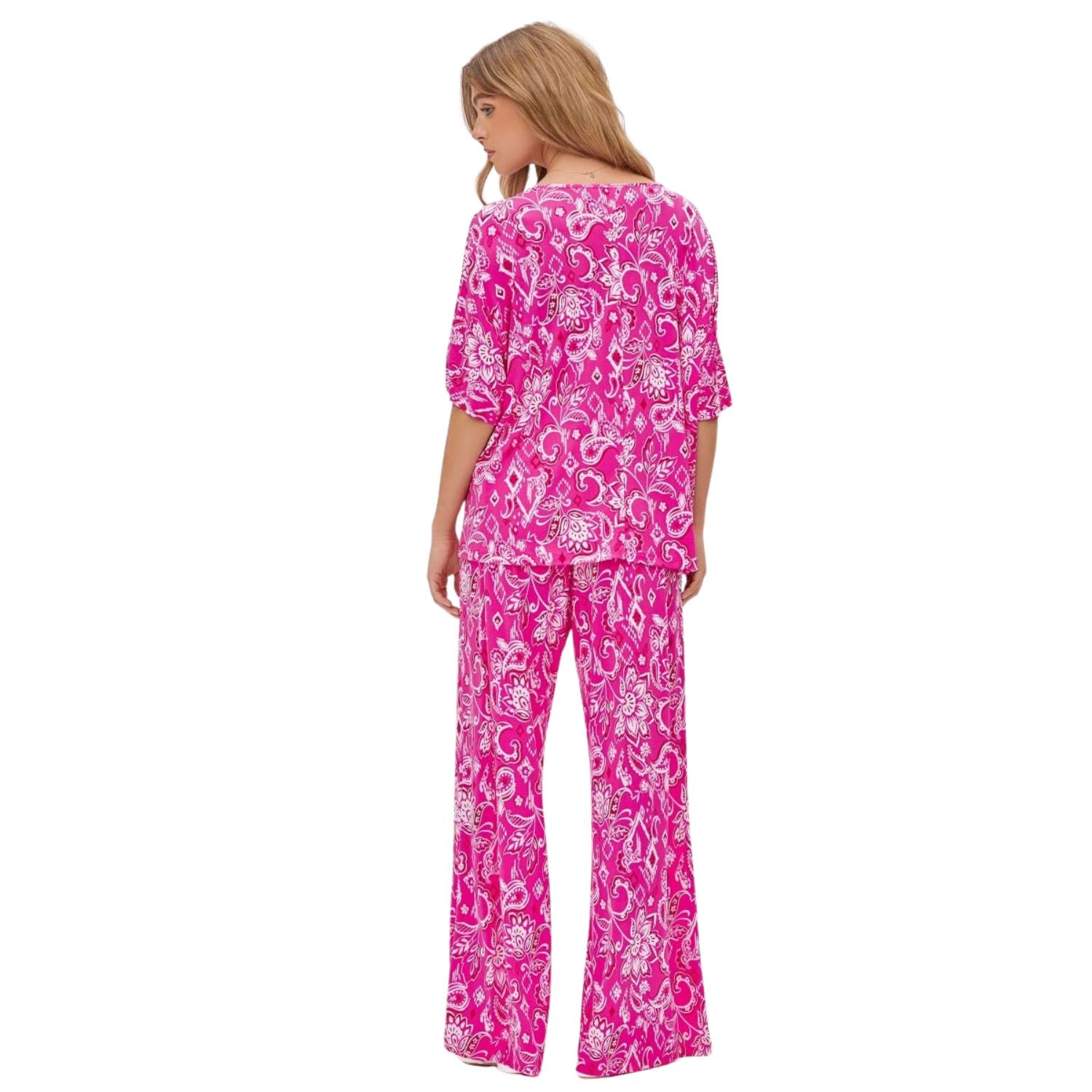 Dear Scarlett Womens Cabana Half Sleeve Top with Pants Travel Set, Hot Pink