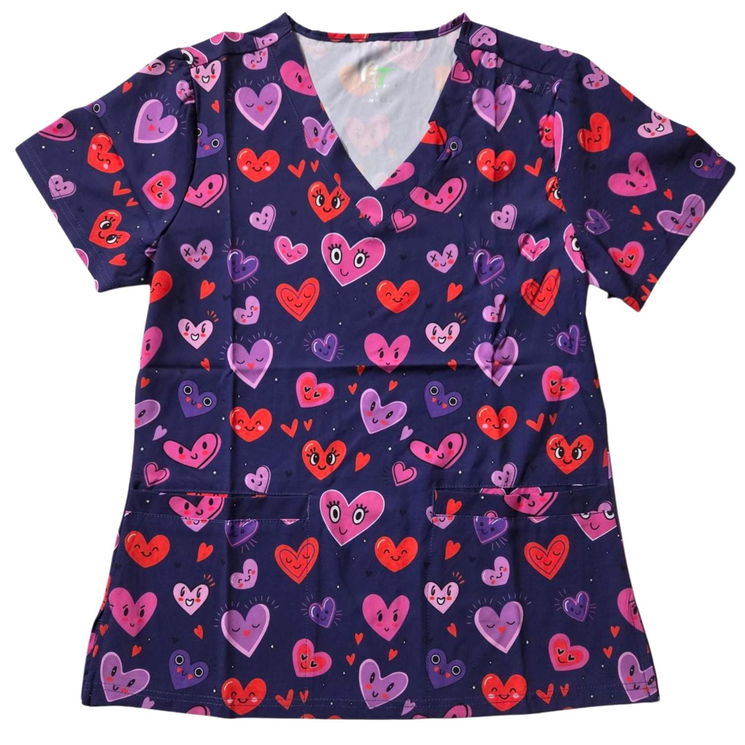 Green Town Performance Womens V-Neck Scrub Top - Valentine's Day Prints
