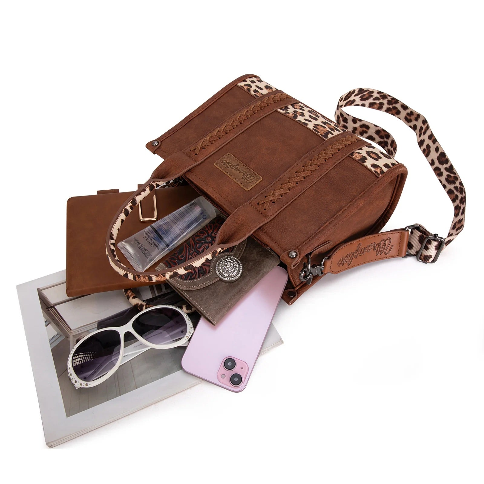 Wrangler Leather Concealed Carry Tote Crossbody Purse- Brown/Leopard Print