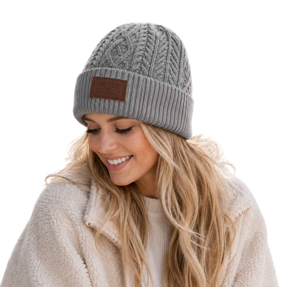 Hooey Women's Knitted Grey Beanie with Leather Logo Patch, Gray