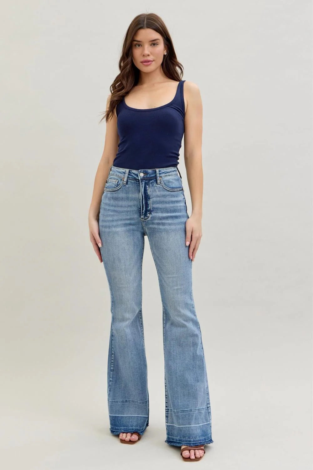 Judy Blue Womens High Waist Contrast Tummy Control Release Hem Flare Denim Jeans