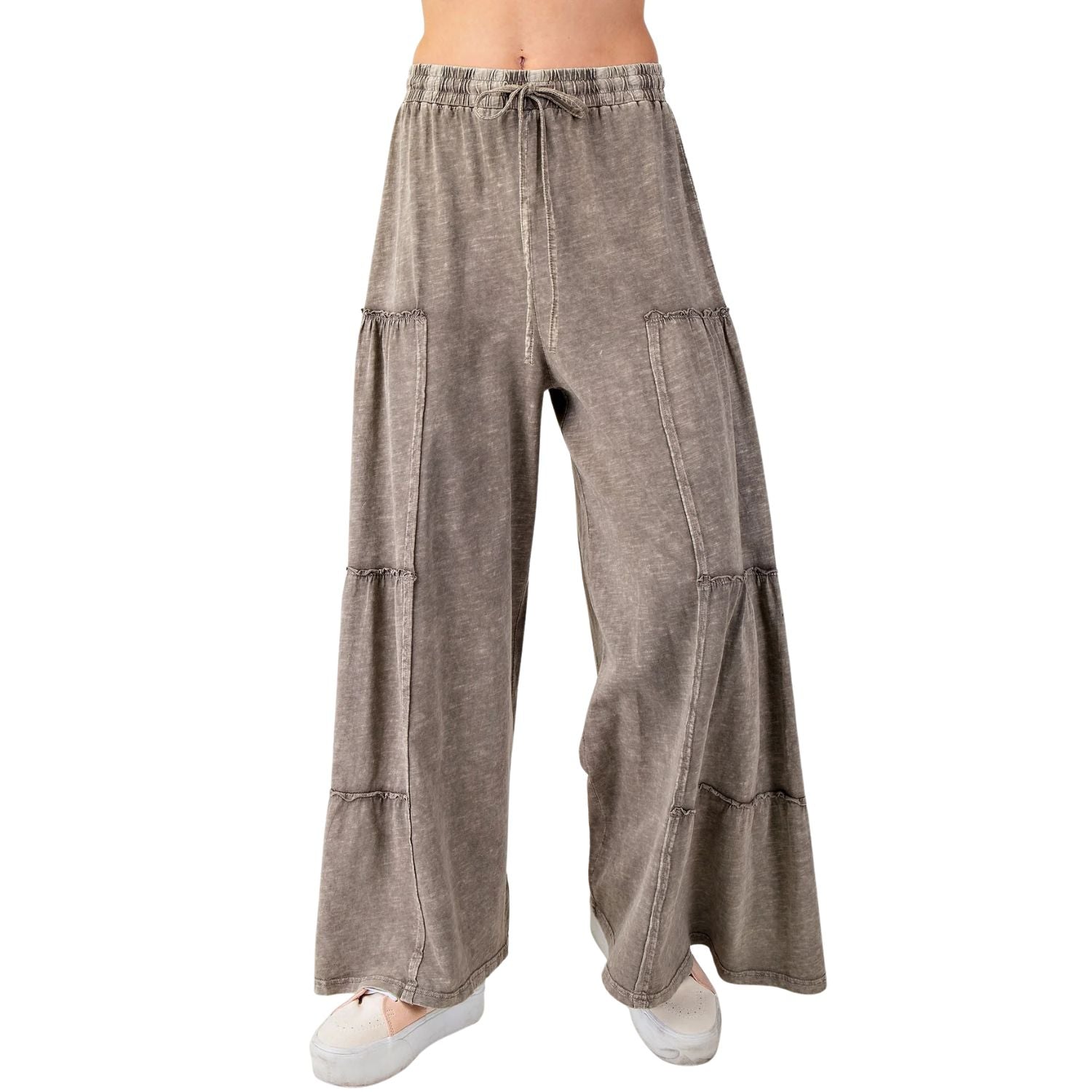 Easel Womens Mineral Washed Tiered Wide Leg Terry Knit Pants