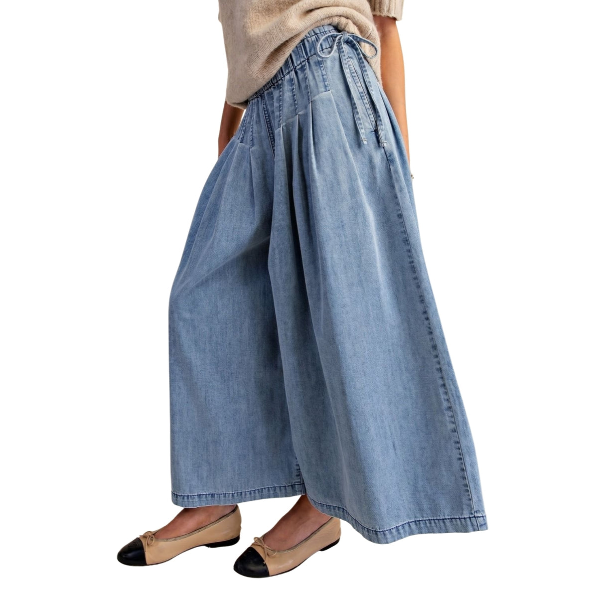 Easel Women's Pleated Wide Leg Cropped Denim Pants, Washed Denim