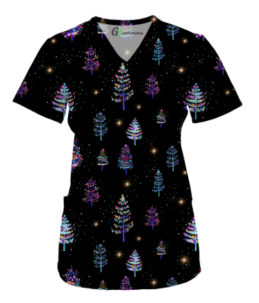 Green Town Womens V-Neck Scrub Top - Christmas Holiday Prints