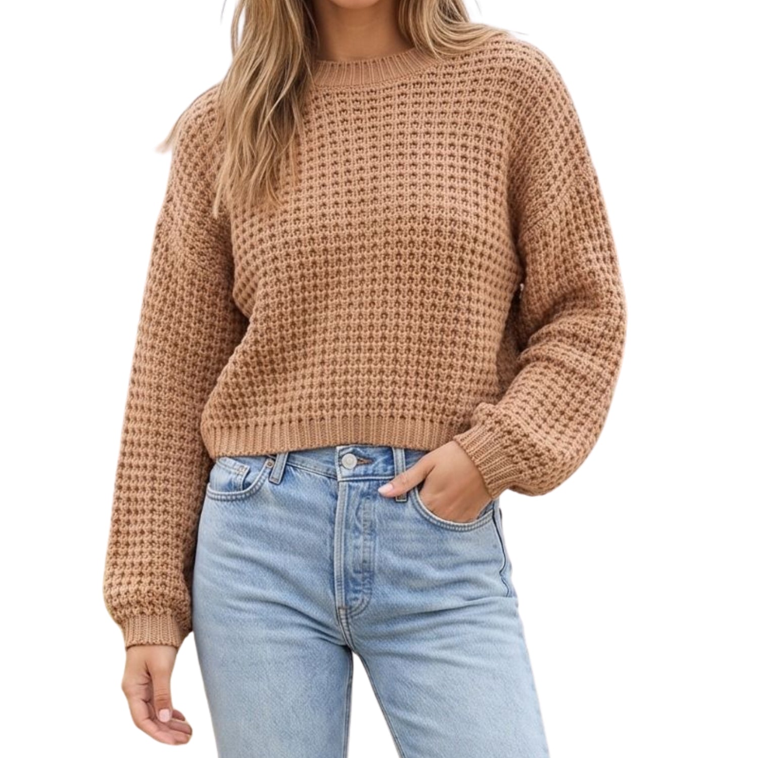 Coastal Canvas Women’s Waffle Knit Sweater, Camel