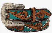 Angel Ranch Western Leather Belt Womens Floral Scrolling Stones, M