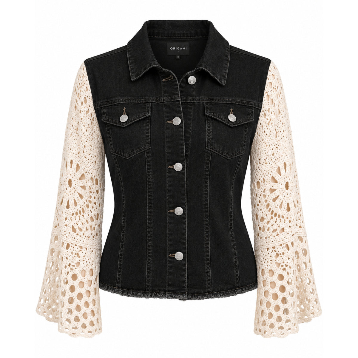 Origami Women's Black Denim Jacket with Natural Crochet Bell Sleeves