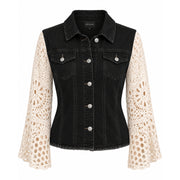 Origami Women's Black Denim Jacket with Natural Crochet Bell Sleeves