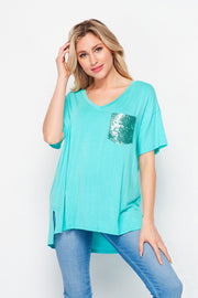 HoneyMe Womens Hi-Low Short Sleeve Pocket Tee Top