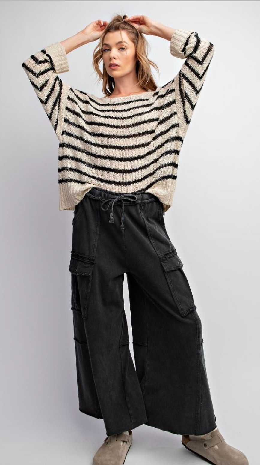 Easel Womens Utility Mineral Washed Wide Leg Terry Knit Cargo Pant, Black