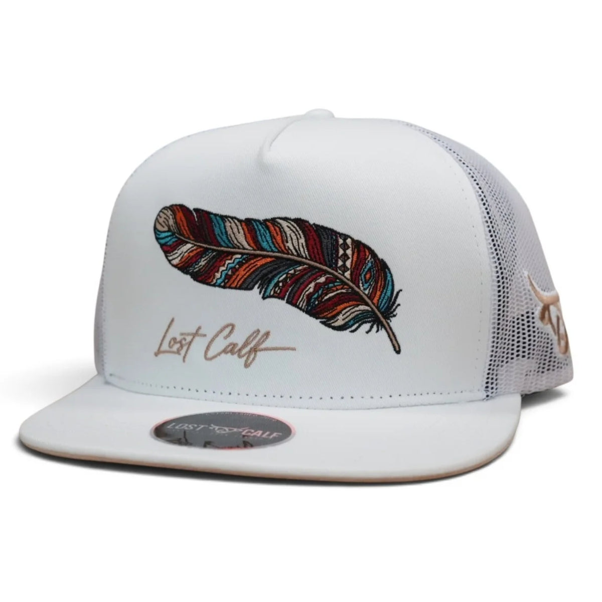 Lost Calf Wild Feather Unisex Flat Bill Trucker Snapback Hat, White