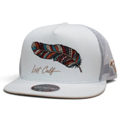 Lost Calf Wild Feather Unisex Flat Bill Trucker Snapback Hat, White