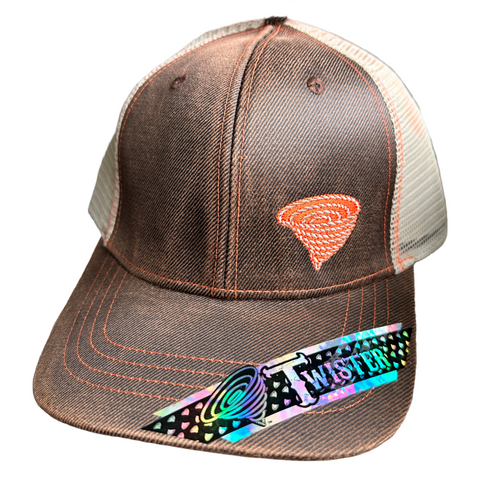 Twister Mens Baseball Cap, Mesh Snapback, OSFM, Oil Skin Brown and Orange