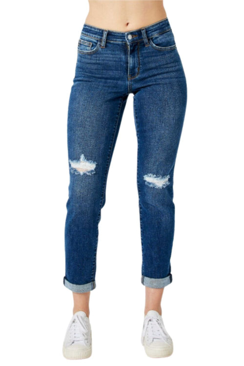 Judy Blue Womens Cuffed Mid Rise Destroyed Slim Fit Denim Jeans