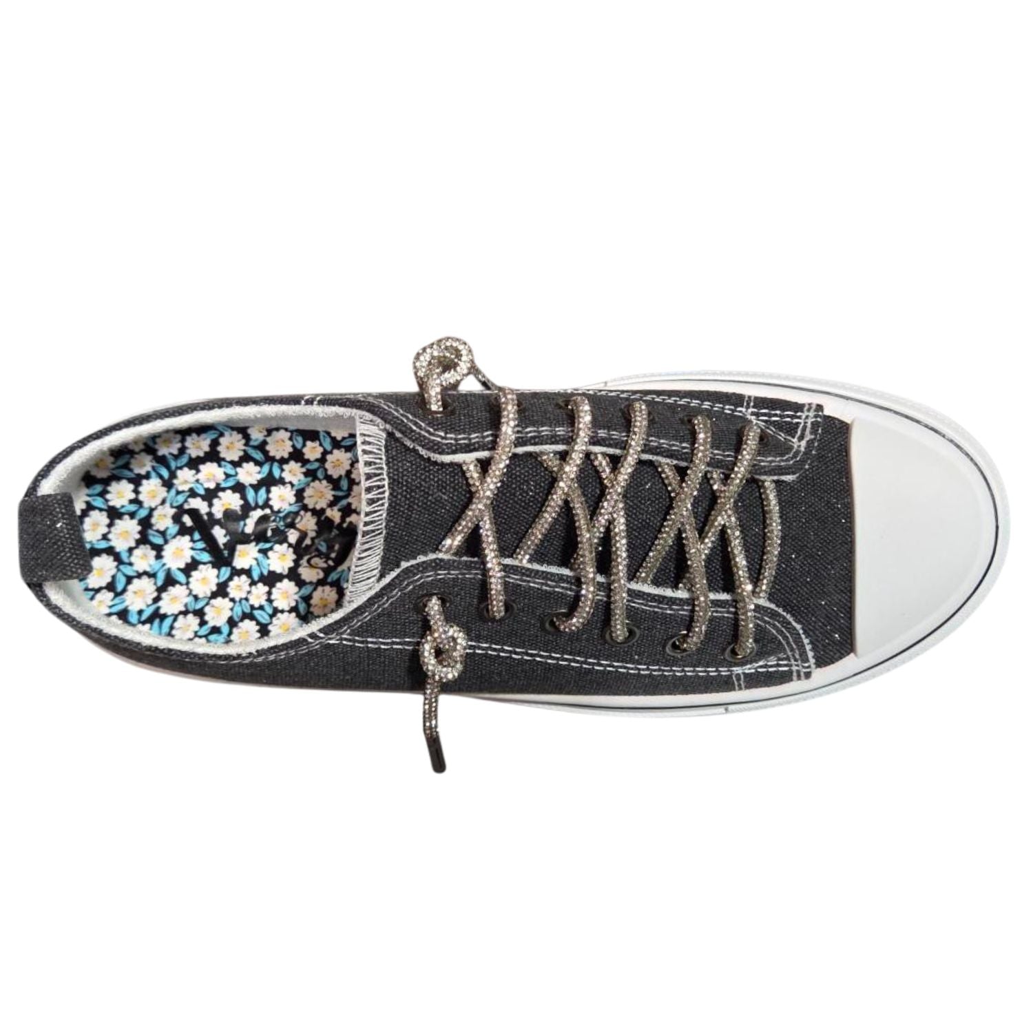 Very G Womens Harmon Sparkle Rhinestone Lace Up Canvas Platform Sneaker, Black