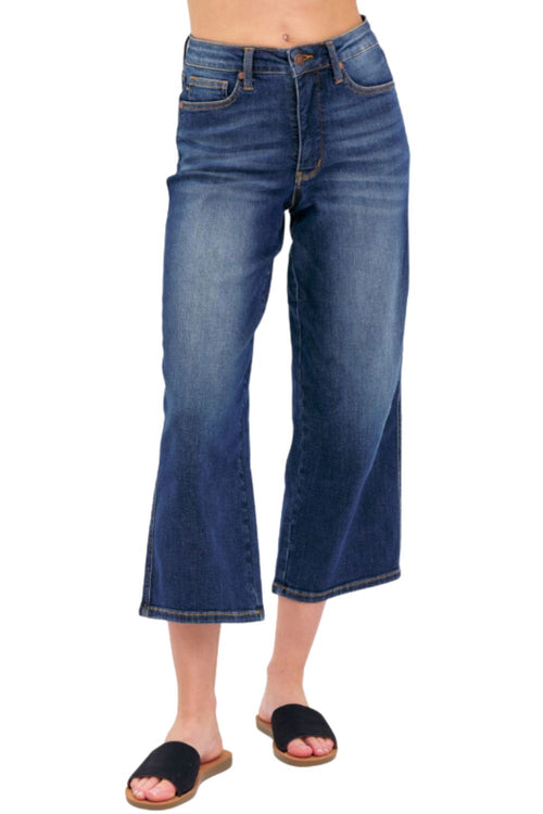 Judy Blue Womens Mid Rise Tummy Control Wide Leg Cropped Jeans