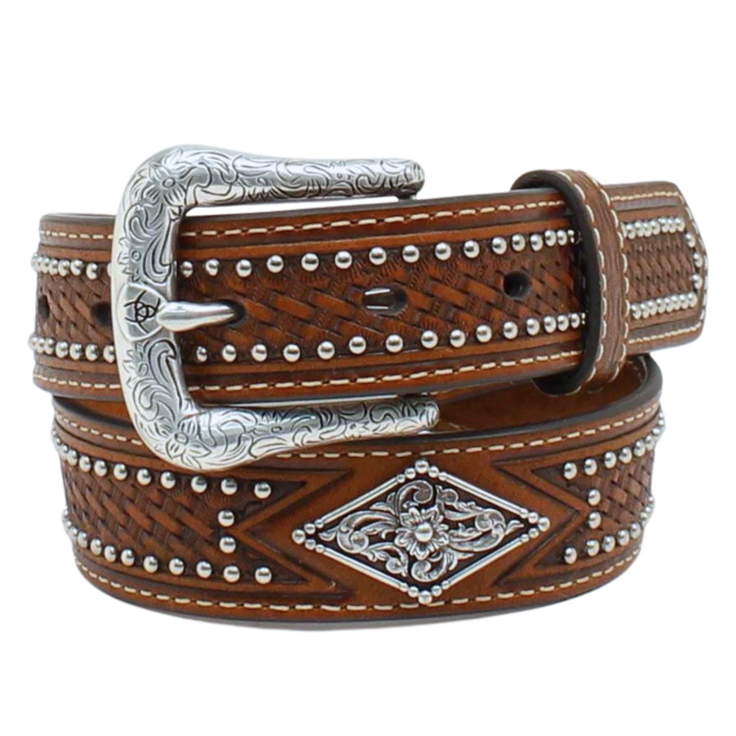 Ariat Boys Studded Diamond Concho Basket Weave Embossed Leather Belt