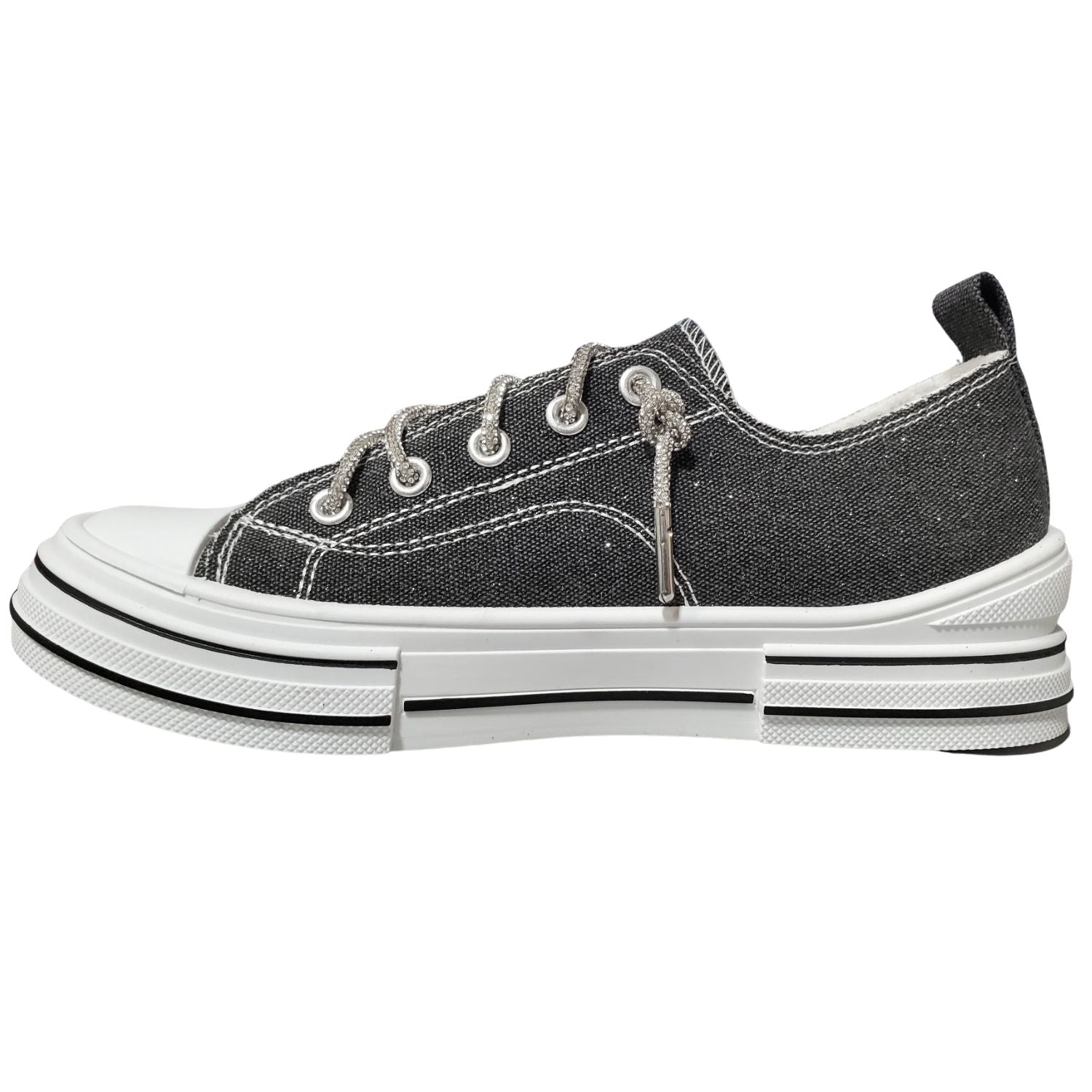 Very G Womens Aman Sparkle Lace Up Canvas Sneaker, Black