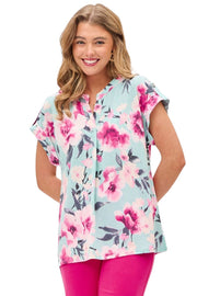 Dear Scarlett Womens Lizzy Short Sleeve Relaxed Flowy Blouse, Blue Multi