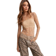 Listicle Women's Sheer Floral Lace Long Sleeve Top, Beige (X-Small)