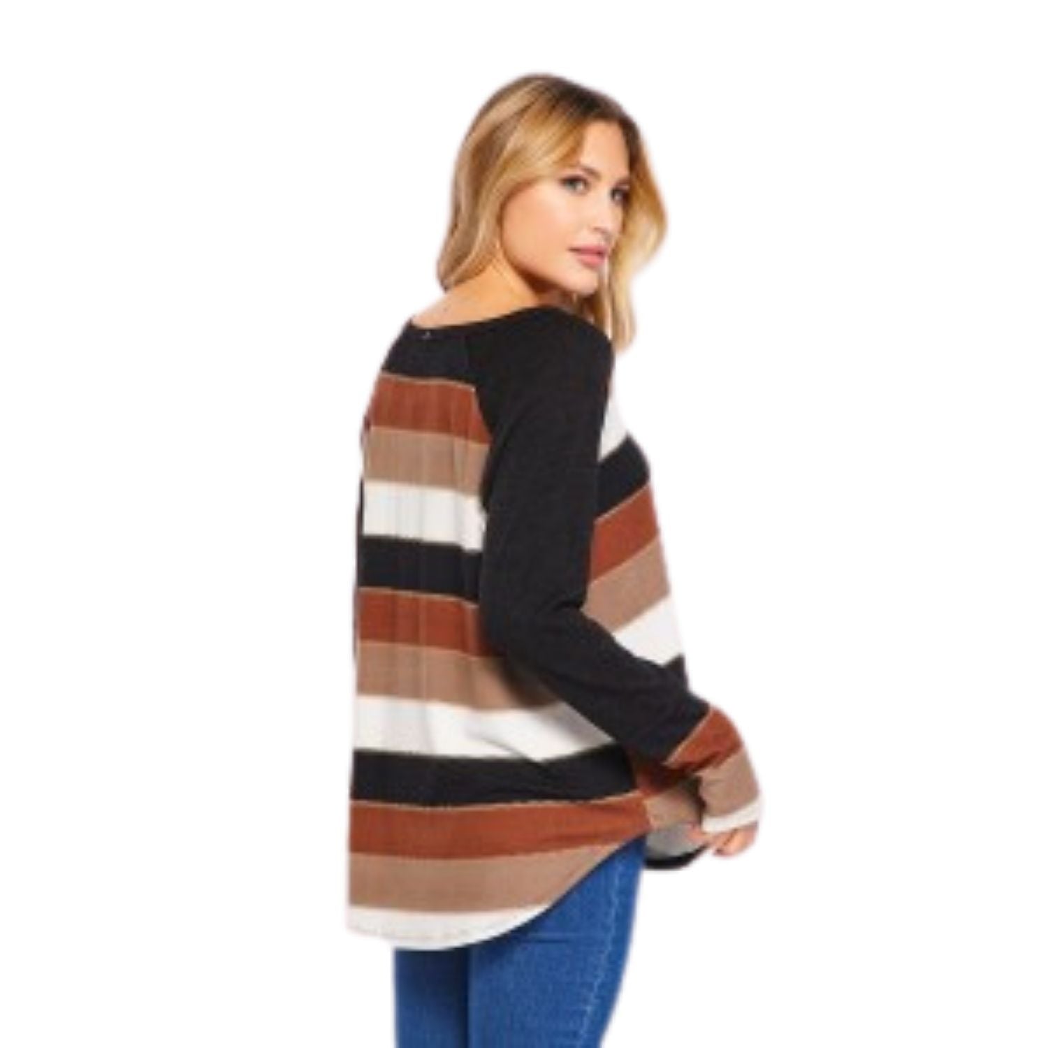 HoneyMe Womens Long Sleeve V-neck Lightweight Knit Sweater, Black Mocha Stripe