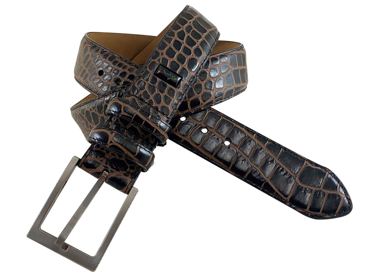 Greg Norman Mens Two-Tone Crocodile Leather Golf Belt- Beige/Black