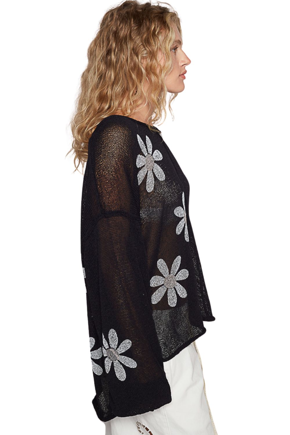 POL Clothing Womens Floral Print Balloon Sleeve Pullover Sweater, Black