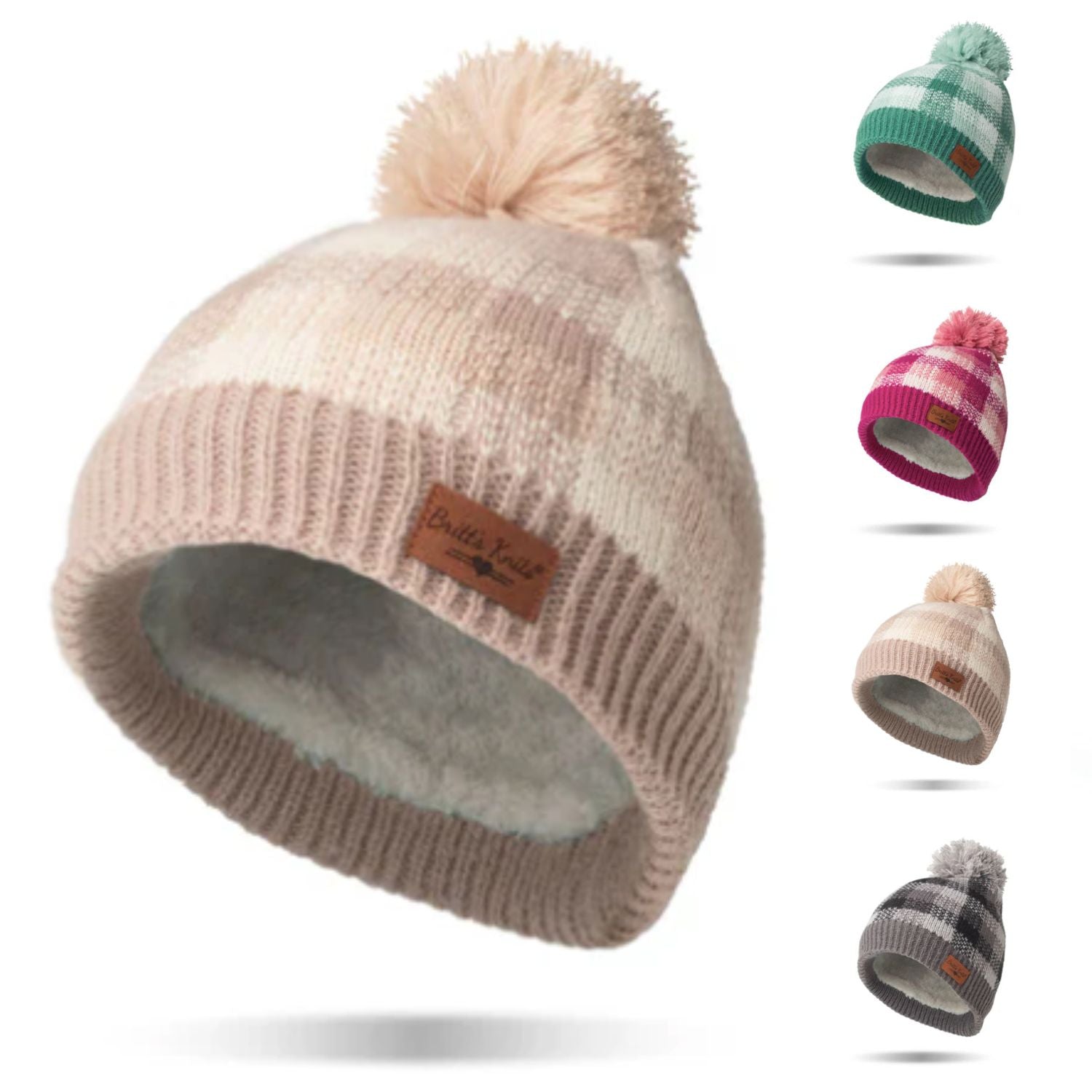 Britt's Knits Womens Sweater Weather Plaid Pom Beanie Hat