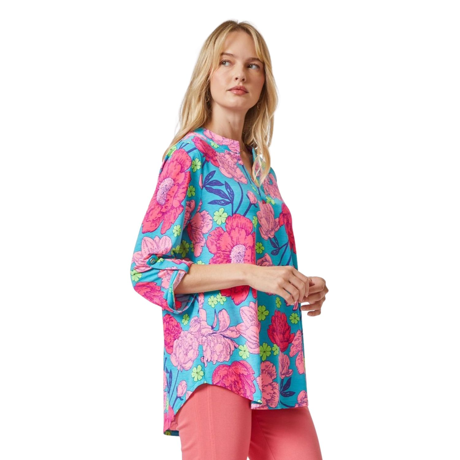 Dear Scarlett Womens Lizzy Relaxed Flowy High Low Blouse, Teal Multi