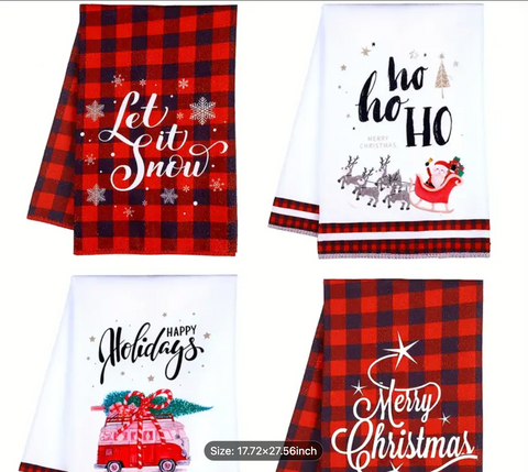 Christmas Dish Towels, Happy Holidays, Ho Ho Ho, Red Plaid, Let it Snow, Merry Christmas, 4 Pack