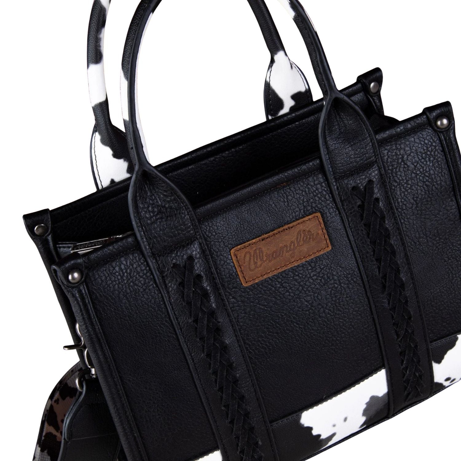 Wrangler Cow Print PU Leather Concealed Carry Tote Crossbody Purse- Black/Cow
