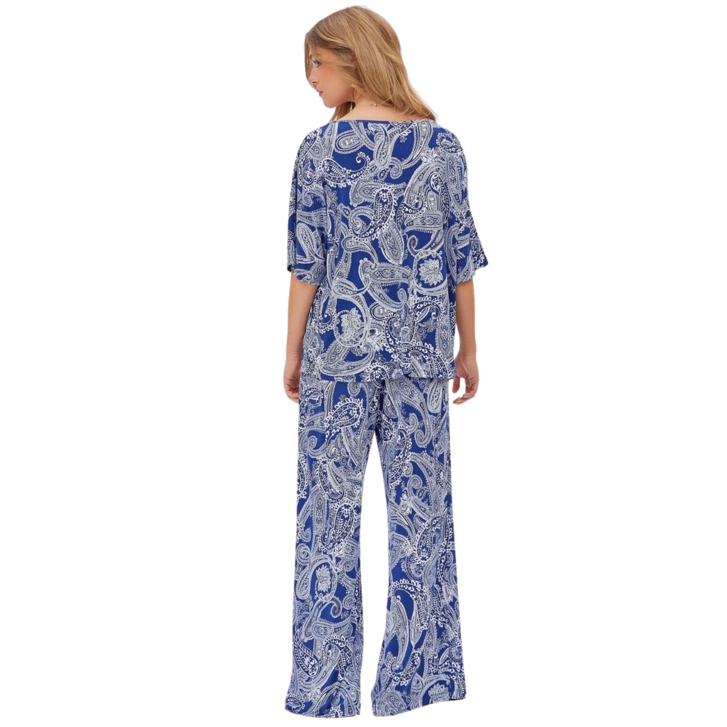 Dear Scarlett Womens Cabana Half Sleeve Top with Pants Travel Set, Navy