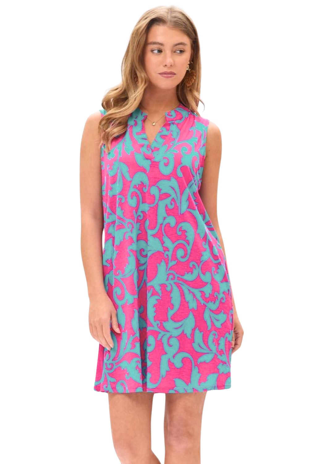 Dear Scarlett Womens Lizzy Sleeveless Relaxed Tank Dress, Magenta Teal