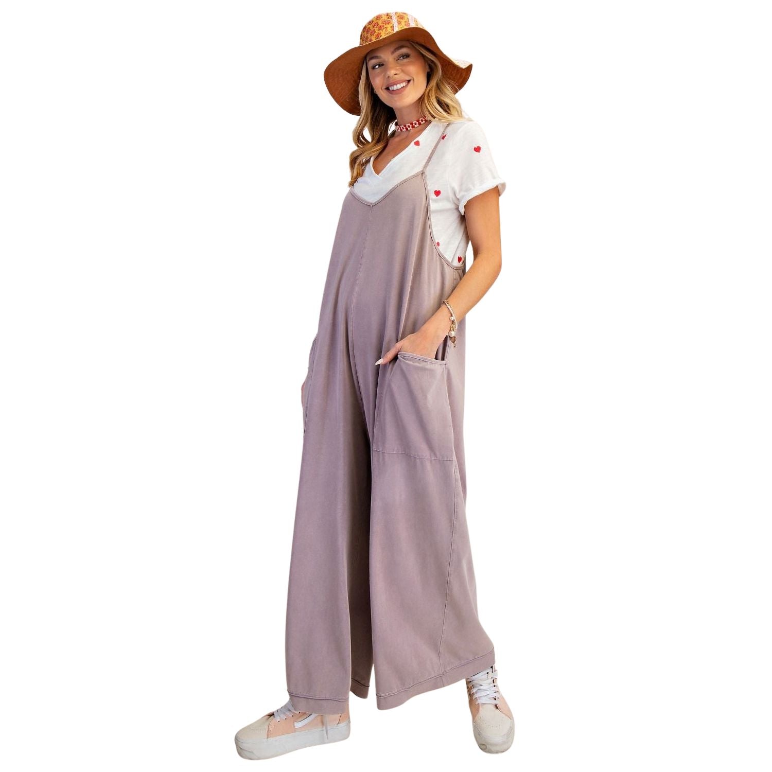Easel Womens Mineral Washed Cotton Wide leg Jumpsuit Romper- Twilight Mauve