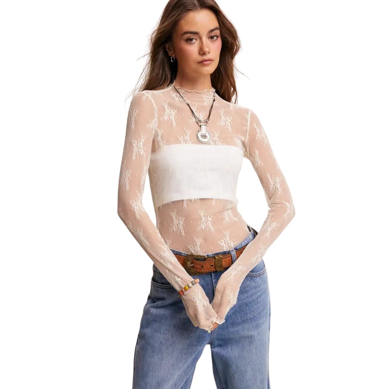 Listicle Women's Sheer Floral Lace Long Sleeve Top, Cream (X-Small)