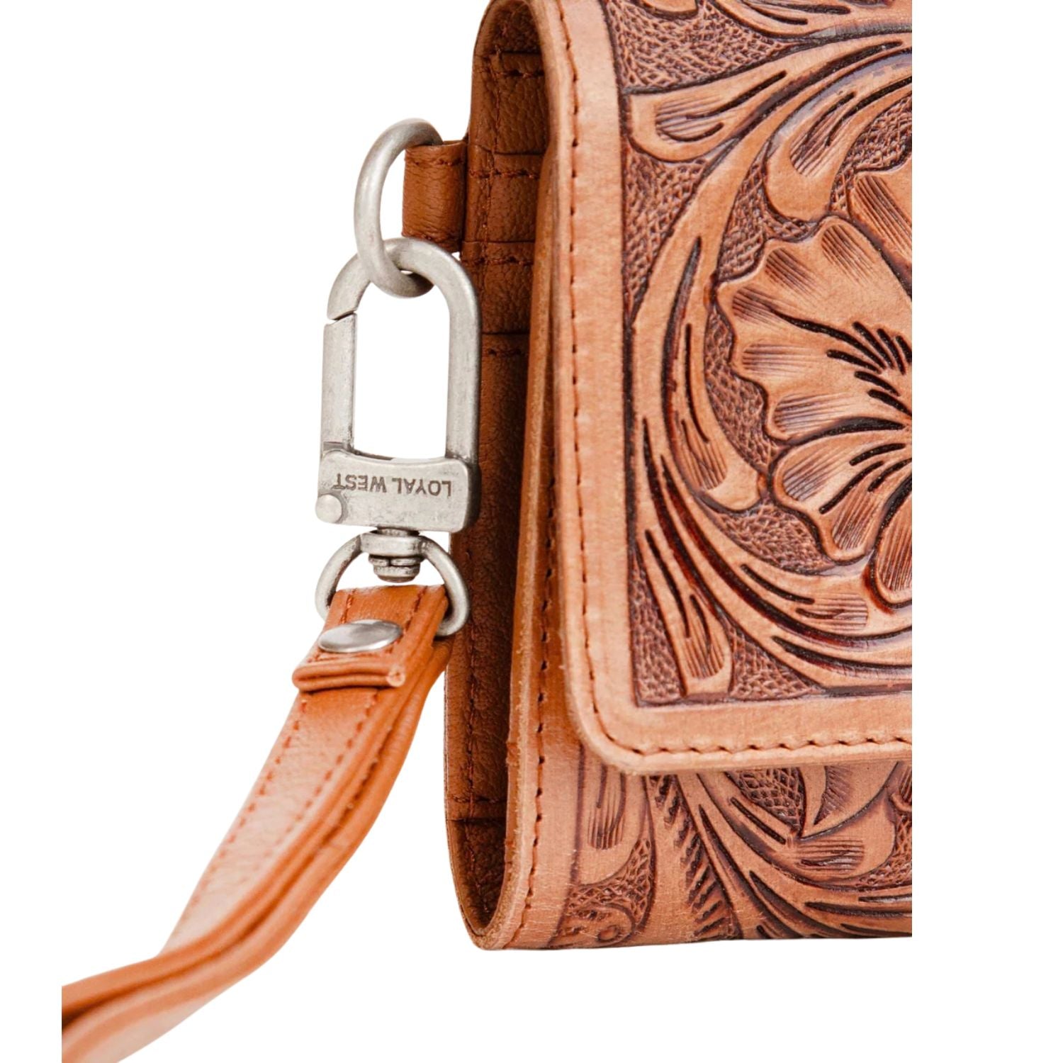 Loyal West Womens Drover Hand-tooled Floral Leather and Calfskin Wallet- Brown