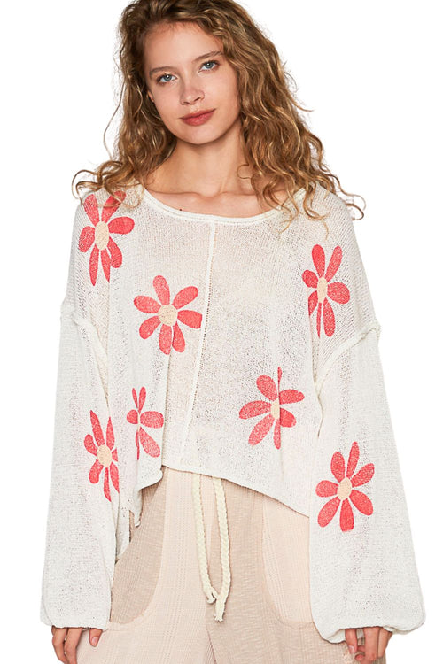 POL Clothing Womens Floral Print Balloon Sleeve Pullover Sweater