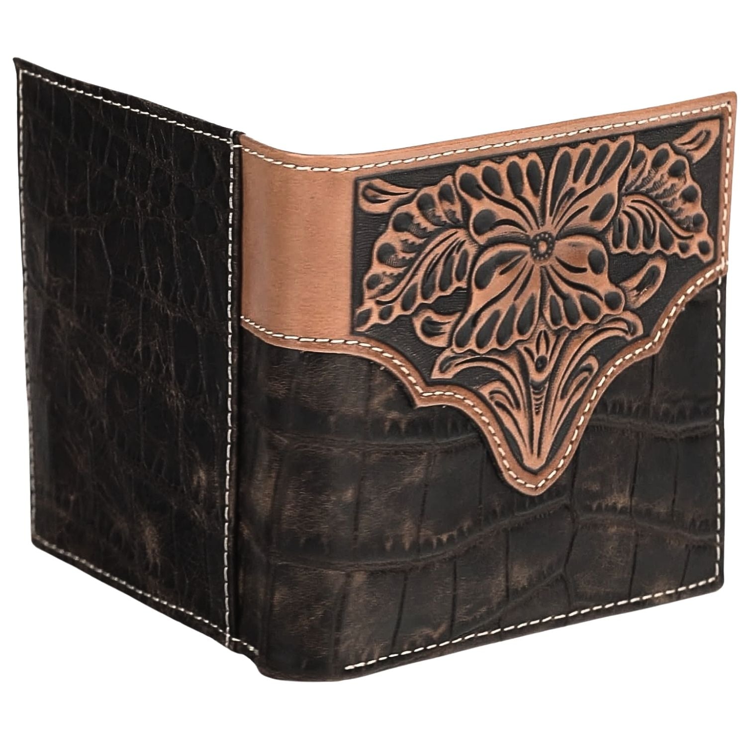 Ariat Mens Crocodile Texture Floral Embossed Leather Bifold Wallet