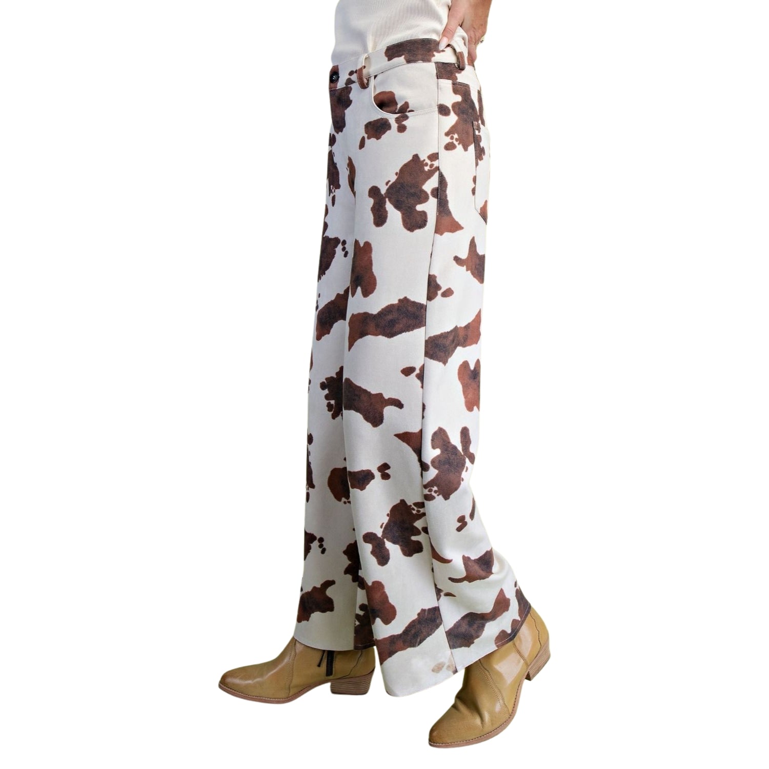 Easel Women's Cow Print Stretch Suede High Rise Wide Leg Pants, Khaki