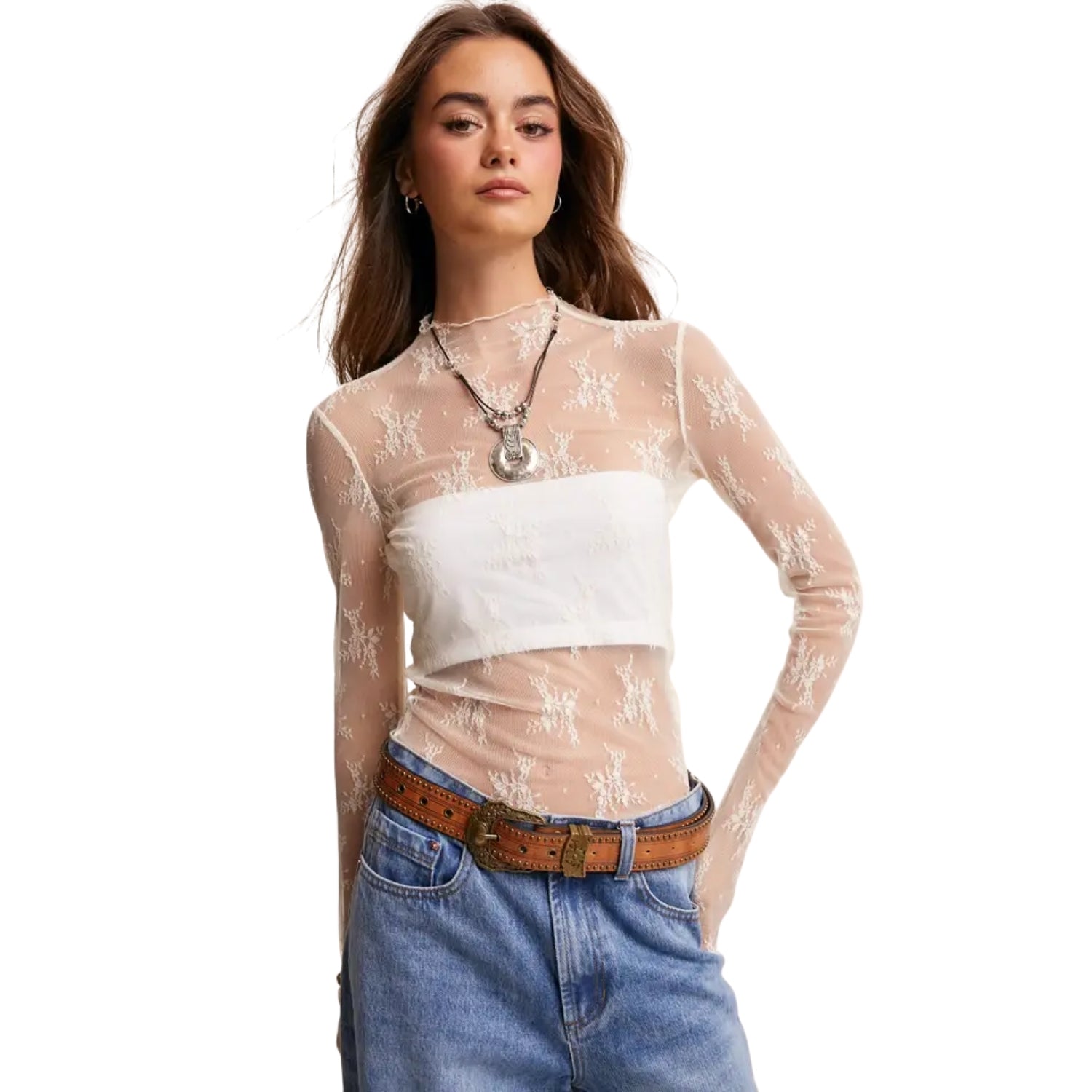 Listicle Women's Sheer Floral Lace Long Sleeve Top, Cream