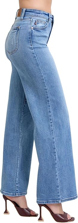 Judy Blue Womens High Waist Vintage Wash Retro Wide Leg Jeans
